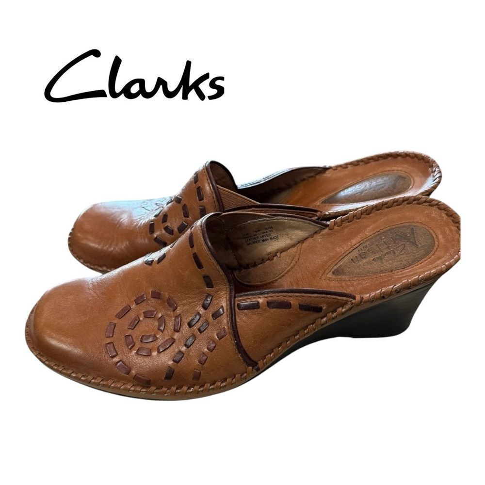 Clarks Artisan Women's Chestnut Tan Brown Leather Slide Wedge Clogs Mules 8